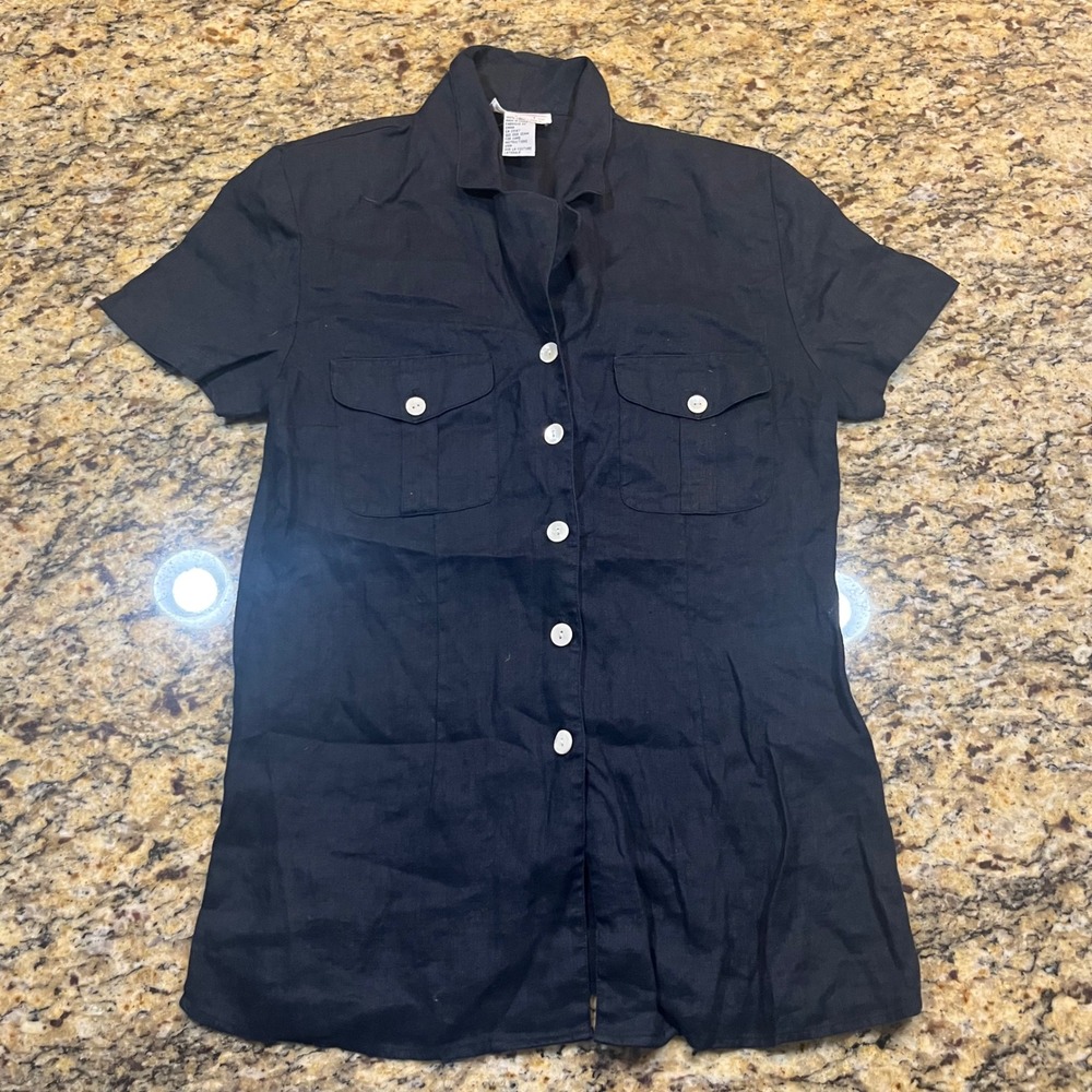 Vintage Talbots Womens Black 100% Irish Linen Short Sleeve‎ Button Down Shirt 6